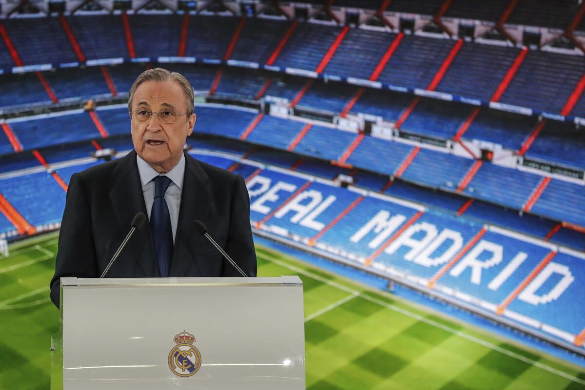 FILE - In this June 13, 2019 file photo, Real Madrid's President Florentino Perez 