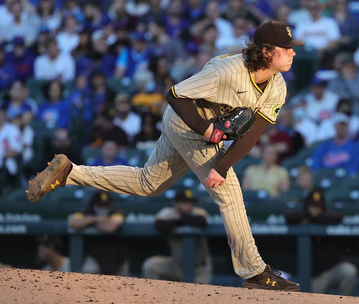 Ryan Weathers pitches for the Padres on June 1, 2021, against the Cubs at Wrigley Field.