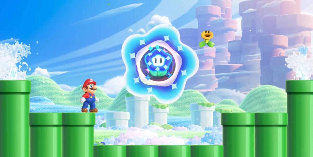 Mario gets ready to leap for a giant flower in "Super Mario Bros. Wonder."