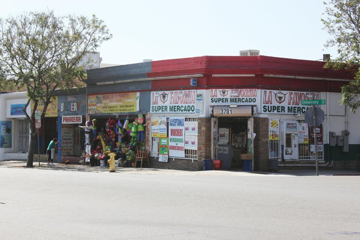 Storefronts at the intersection of University Avenue and 37th Street in City Heights.