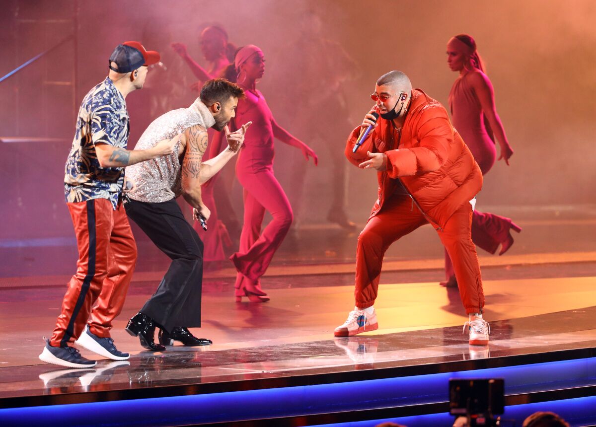 Residente, Ricky Martin and Bad Bunny perform during the 20th Latin Grammy Awards on Nov. 14, 2019.