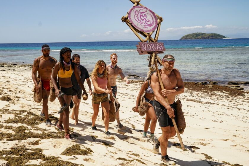 Caught up in accusations of inappropriate physical contact, Dan Spilo, far right, leading the pack to a tribal council. ”Suck It Up Buttercup" - Aaron Meredith, Missy Byrd, Missy Byrd, Jason Linden, Elizabeth Beisel, Tommy Sheehan and Dan Spilo on the Sixth episode of SURVIVOR: Island of Idols airing Wednesday, Oct. 30th (8:00-9:01 PM, ET/PT) on the CBS Television Network. Photo: Robert Voets/CBS Entertainment ©2019 CBS Broadcasting, Inc. All Rights Reserved.
