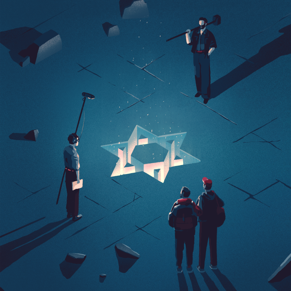 An illustration showing a Star of David with a film crew.