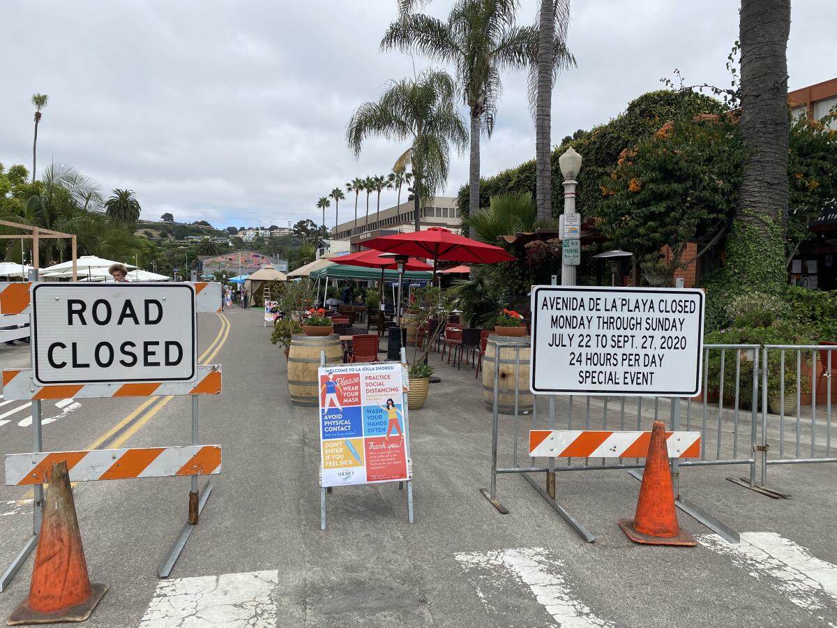 One block of Avenida de la Playa is closed to vehicular traffic for outdoor dining.