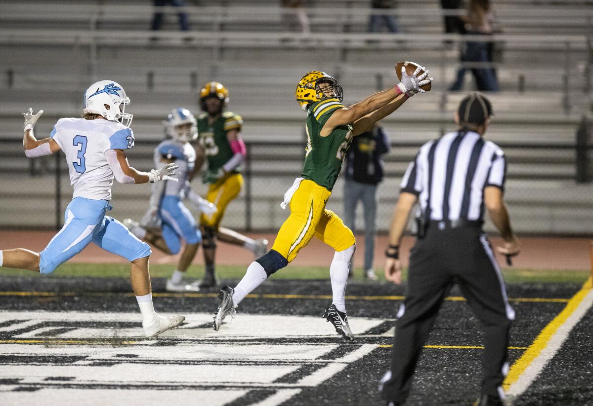 Edison's Nico Brown makes a fingertip grab in the end zone for a touchdown against Corona del Mar on Friday.