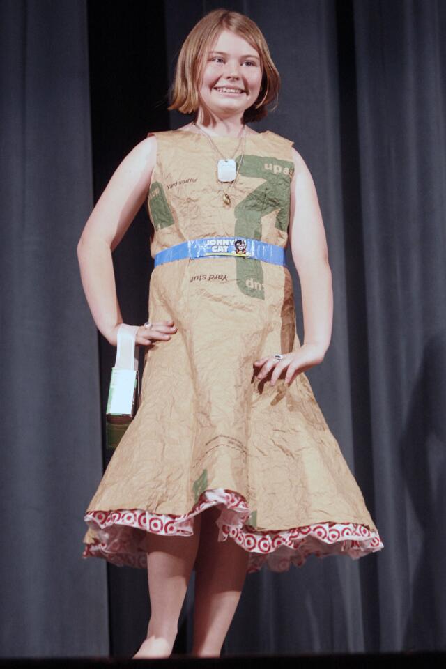 Samantha Keefer models her dress during the Trashin' Fashion event, which took place at John Muir Middle School in Burbank on Friday, April 6, 2012.