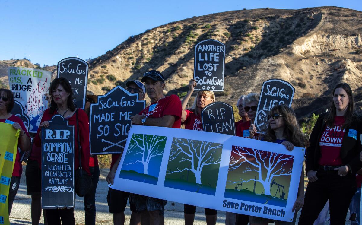 North San Fernando Valley residents demonstrate near Southern California Gas Co.’s Aliso Canyon storage facility on the fourth anniversary of the day a well began spewing methane, emitting sulfur-like odors that sickened many and displaced thousands.