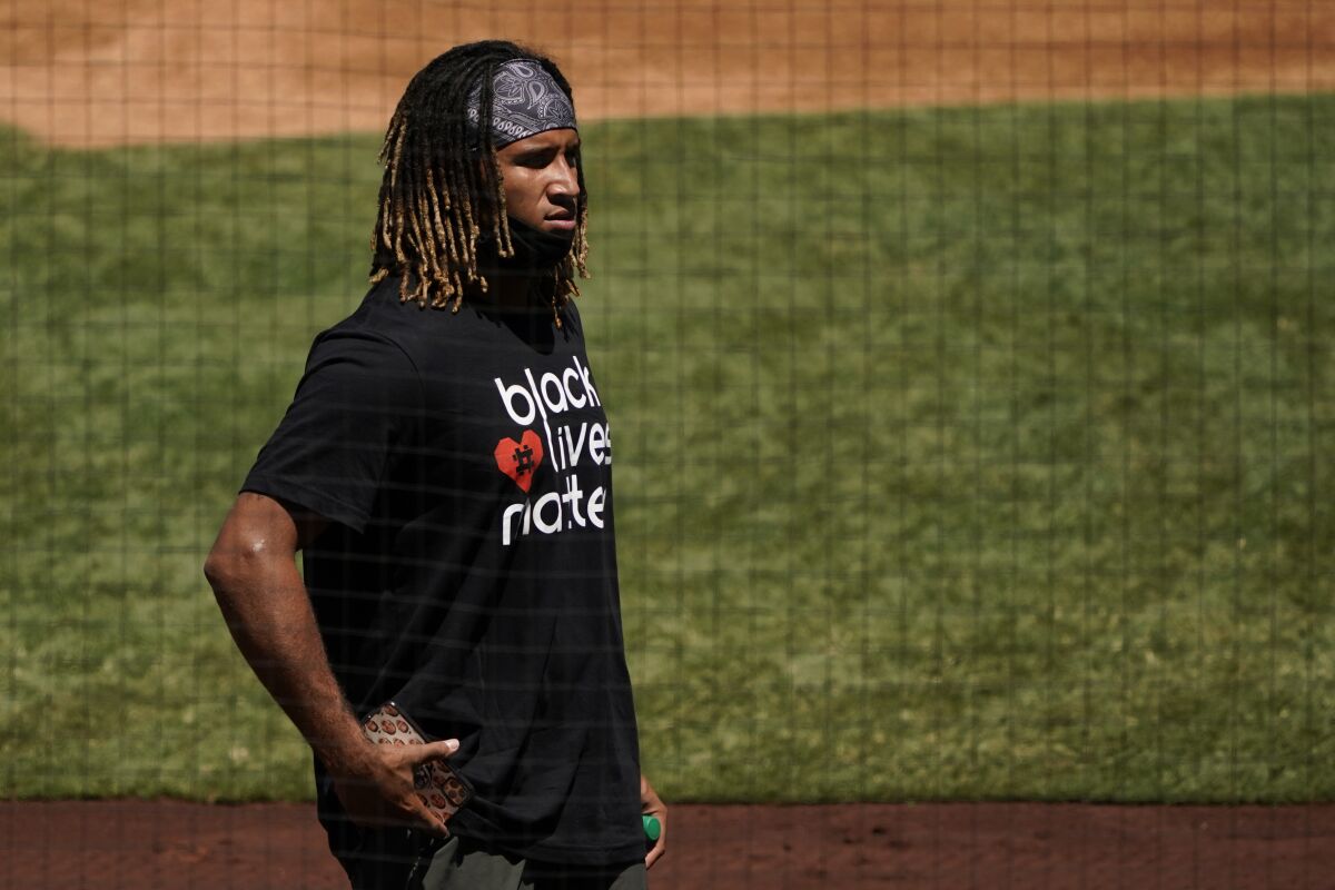Angels reliever Keynan Middleton wears a "Black Lives Matter" T-shirt during practice at Angel Stadium on July 16.