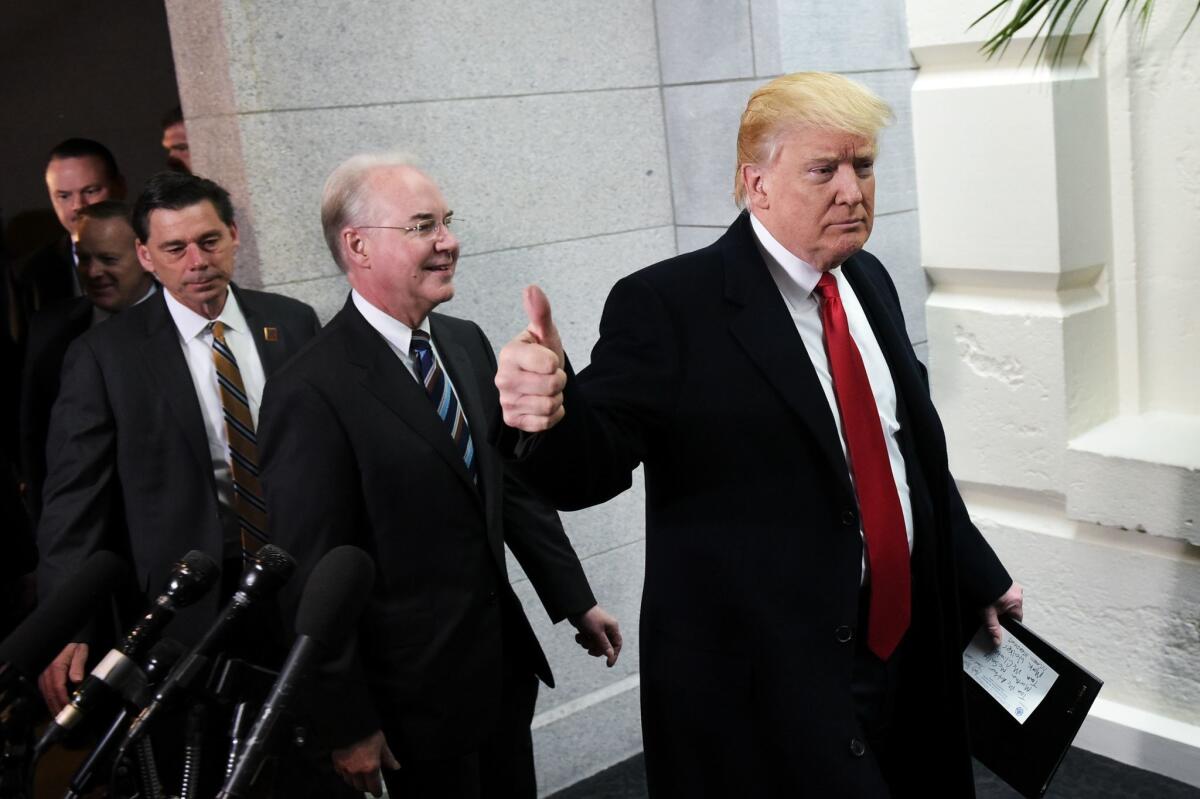 President Trump and Health and Human Services Secretary Tom Price visit the U.S. Capitol for a closed-door meeting with House Republicans.