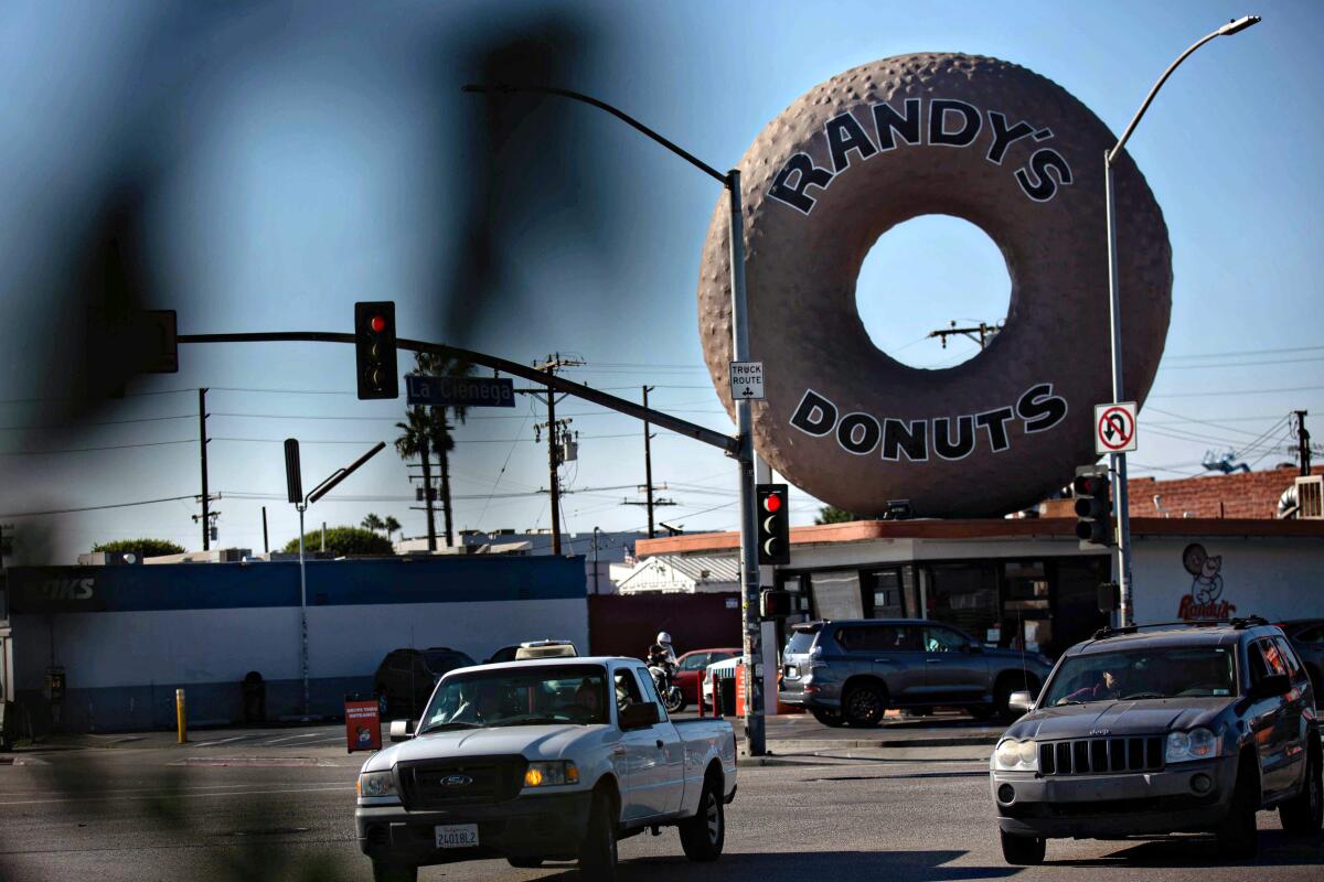 The iconic Randy's Donuts, with a giant donut on the roof, in Inglewood
