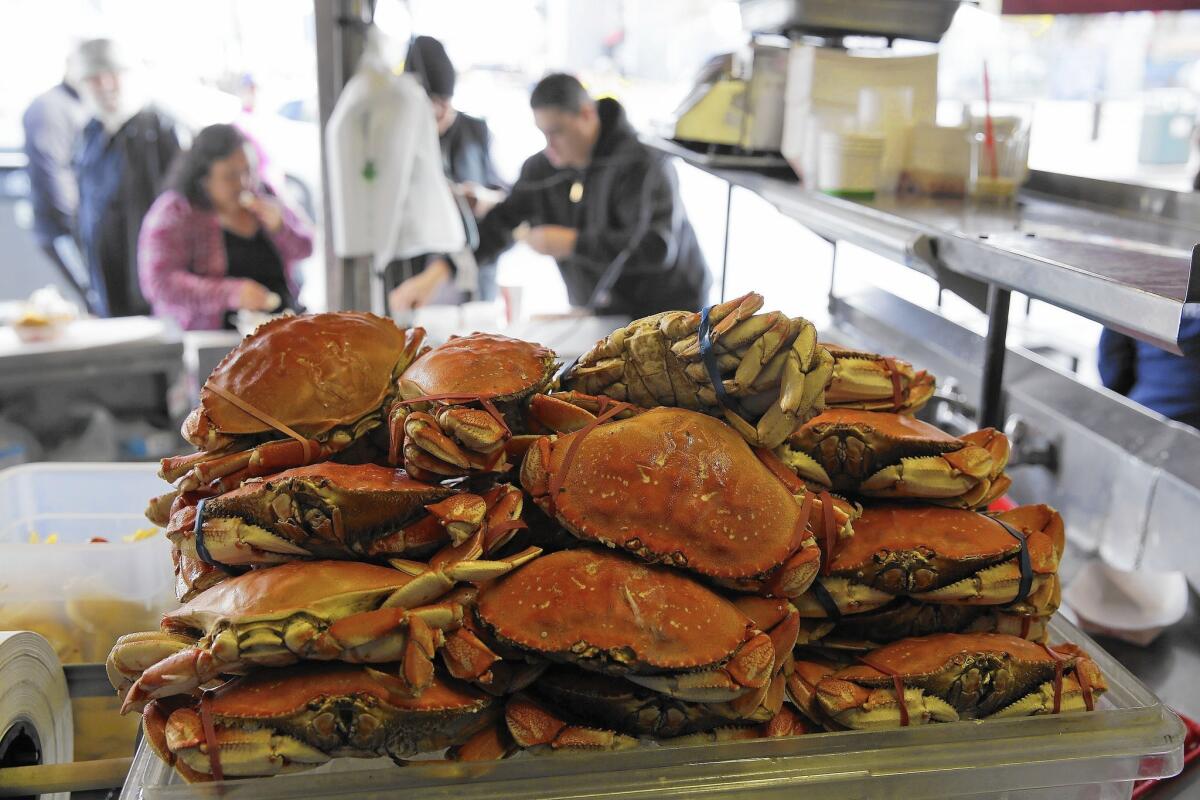 A stack of imported Dungeness crabs is shown for sale at Fisherman's Wharf in San Francisco.