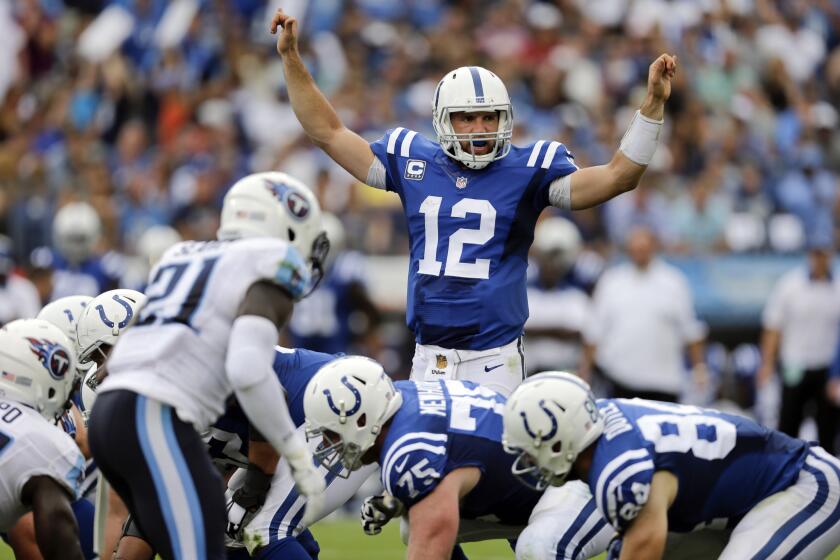 Andrew Luck (12) leads the Colts into a key AFC South showdown against the Texans on Sunday. Both teams are tied with the Titans at 6-6 this season.