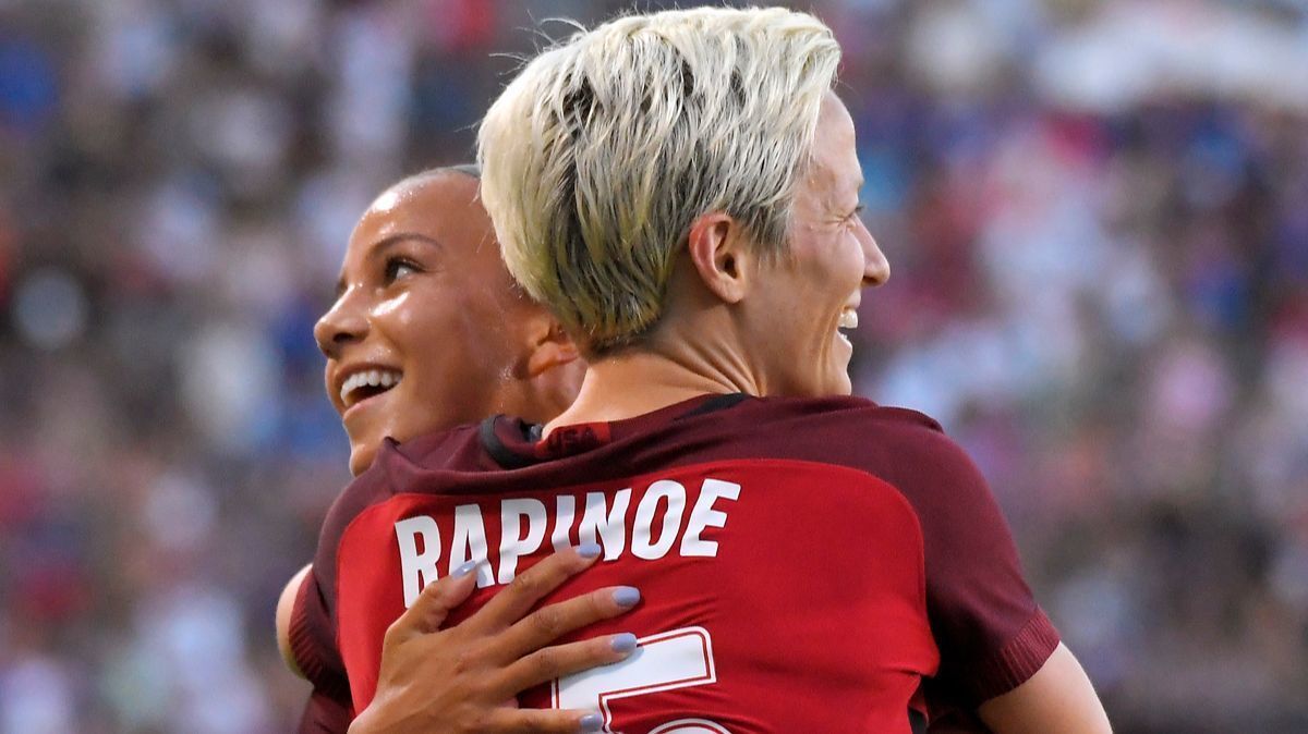 United States' Megan Rapinoe, front, celebrates her goal with Mallory Pugh during the first half against Japan in a Tournament of Nations soccer match, Thursday.