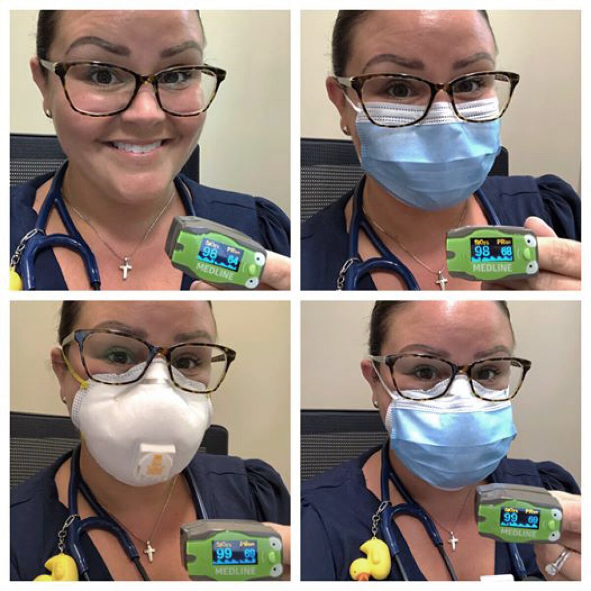 Dr. Megan Hall showing her oxygen saturation levels with and without masks. 