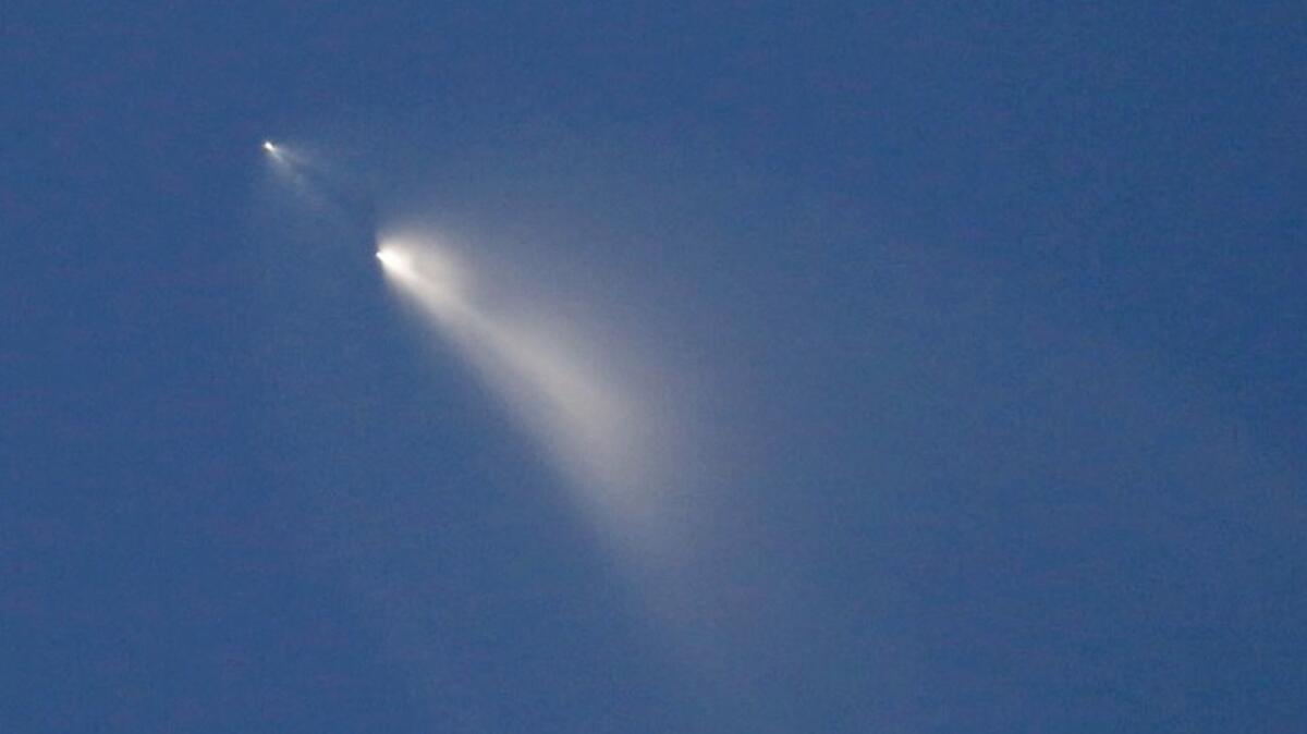 The first stage separates from a SpaceX Falcon 9 rocket after launching in February from Vandenberg Air Force Base.
