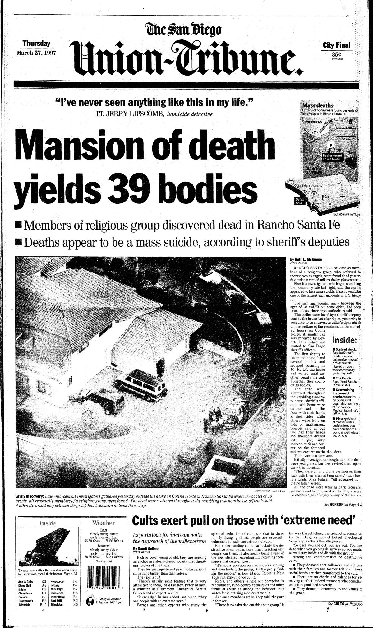 The San Diego Union-Tribune's front page from March 27, 1997 reports on the Heaven's Gate mass suicide in Rancho Santa Fe.