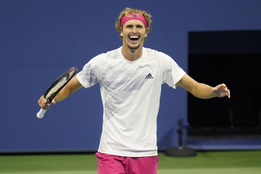 Alexander Zverev reacts after defeating Pablo Carreno Busta during a U.S. Open men's semifinal Sept. 11, 2020, in New York.