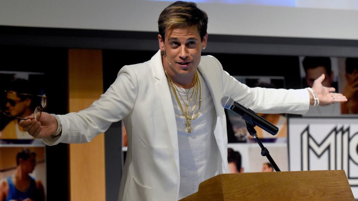 Right-wing provocateur Milo Yiannopoulos, whose speeches on college campuses have sparked protests, speaks at the University of Colorado in Boulder on Jan. 25, 2017.