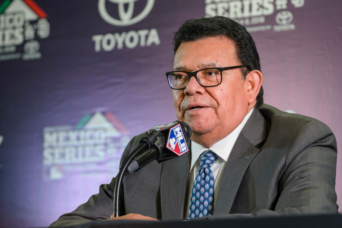 Dodgers legend Fernando Valenzuela speaks during a news conference in 2018.