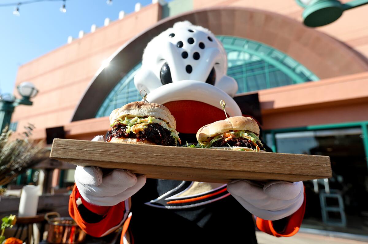 Wild Wing, the Anaheim Ducks mascot, shows off the BBQ pull pork and brisket sandwiches at the Honda Center.