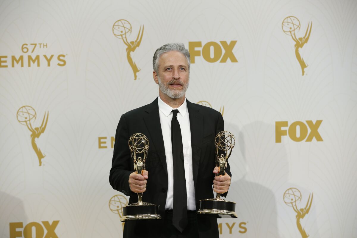 LOS ANGELES, CA., September 20, 2015: The Daily Show with Jon Stewart won the EMMY for Outstanding variety talk series in the Photo Deadline Room at the 67th Annual Primetime Emmy Awards at the Microsoft Theater in Los Angeles, CA. (Allen J. Schaben / Los Angeles Times)