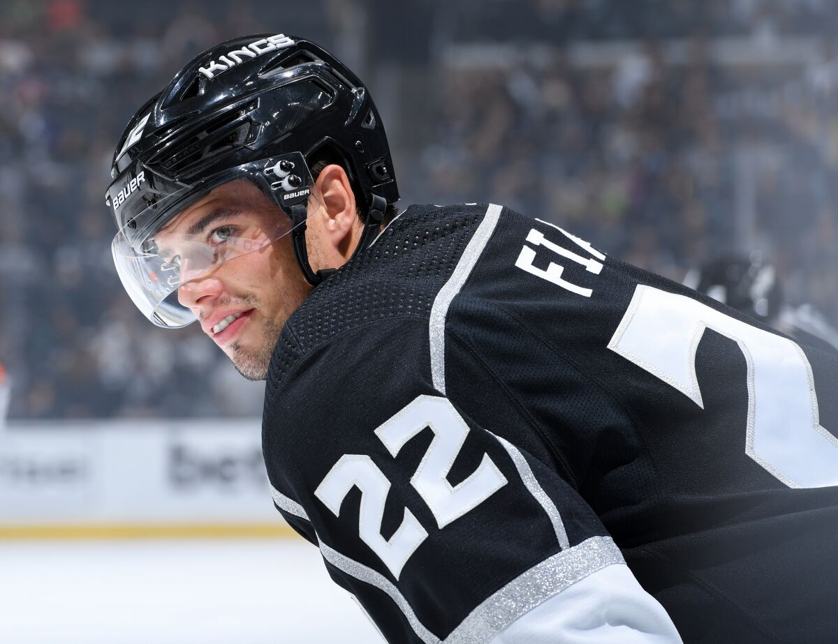 Kings forward Kevin Fiala readies for a faceoff during a preseason game against the Ducks on Oct. 2.
