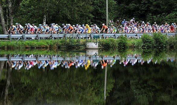 The pack rides during the 120-mile tenth stage of the 2009 Tour de France, between Limoges and Issoudun.