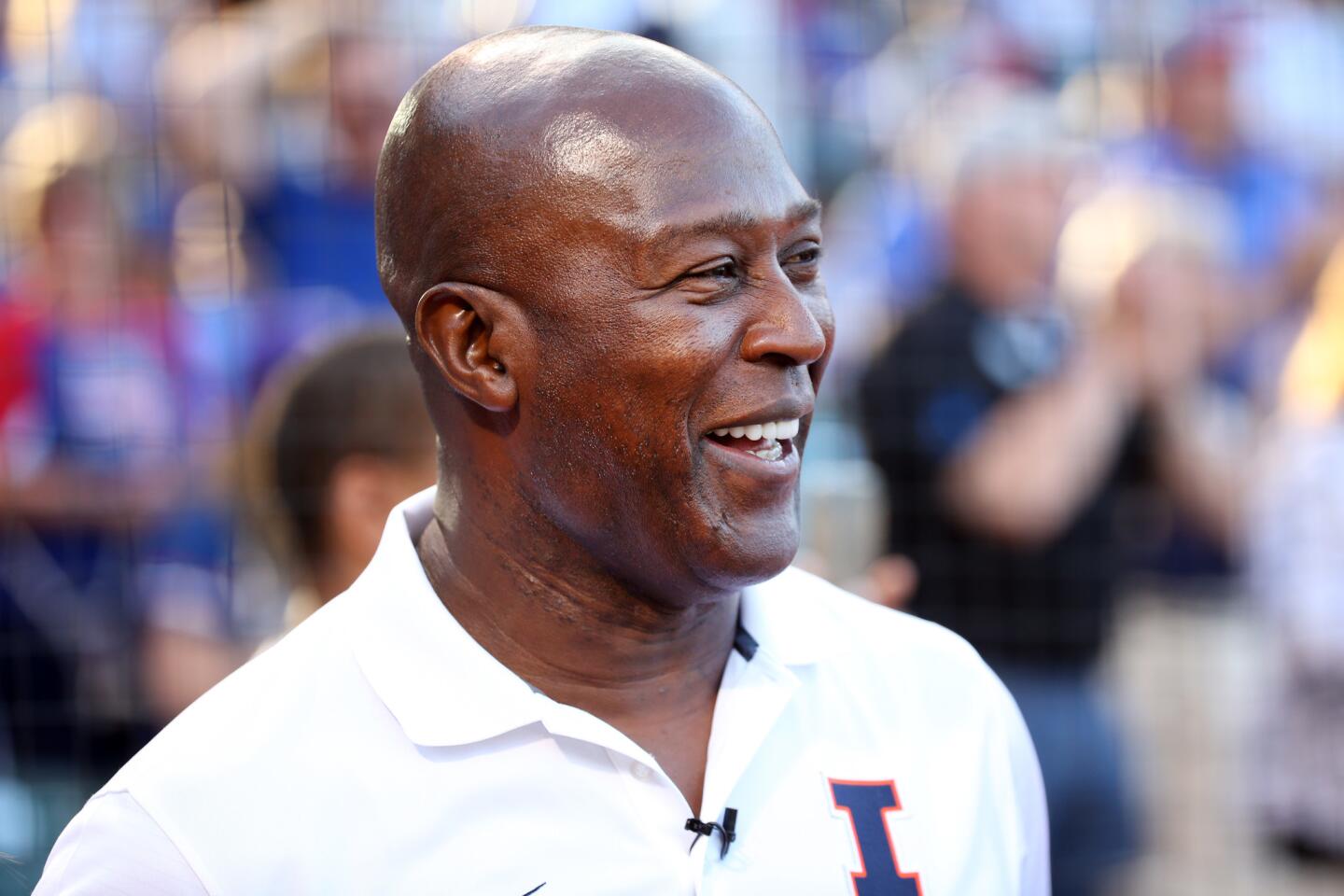 Illini football coach Lovie Smith smiles before a Cubs-Cardinals game at Wrigley Field on July 23, 2017.