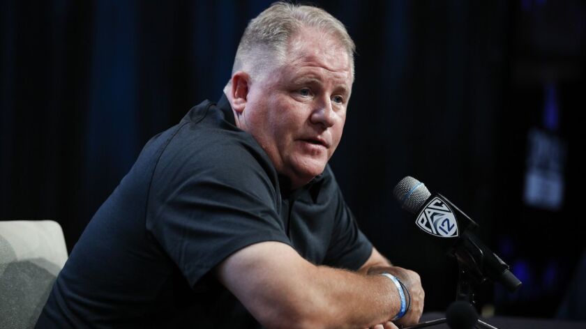 UCLA head coach Chip Kelly speaks at the Pac-12 Conference football media day in Los Angeles, on July 25, 2018.