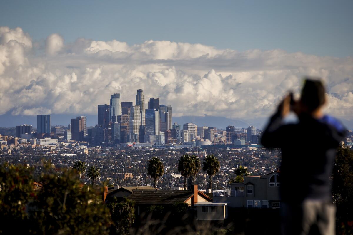 A skyline view of downtown Los Angeles, taken from the Kenneth Hahn State Recreation Area.