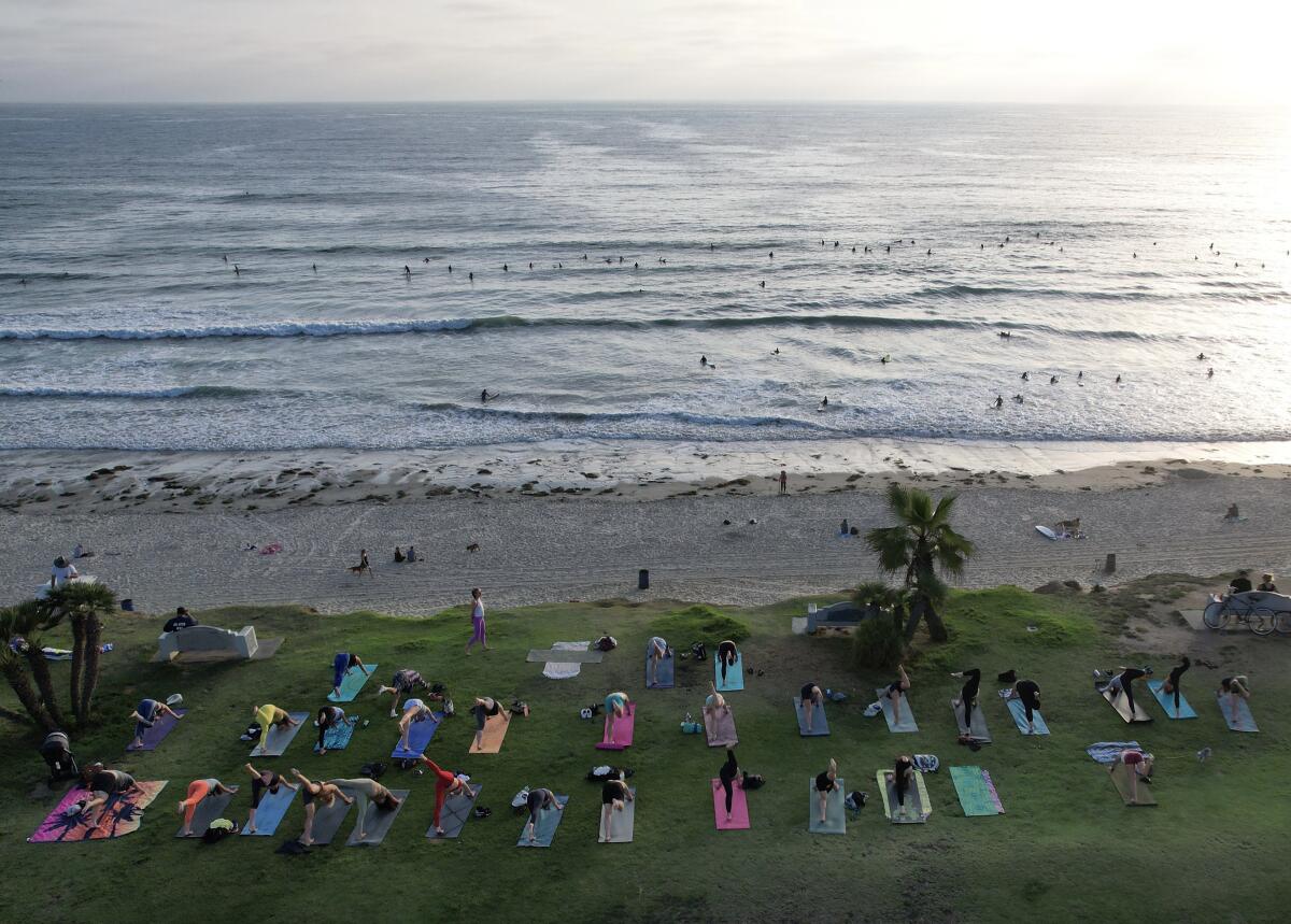 A drone was used to take this photo of Heather Pugh’s PB Sunset Yoga class in Palisades Park.