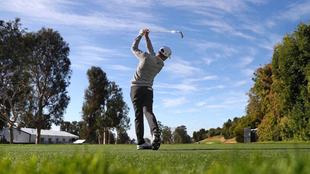 Xander Schauffele tees off on the fourth hole during the Pro-Am at the Genesis Invitational Wednesday in Pacific Palisades.