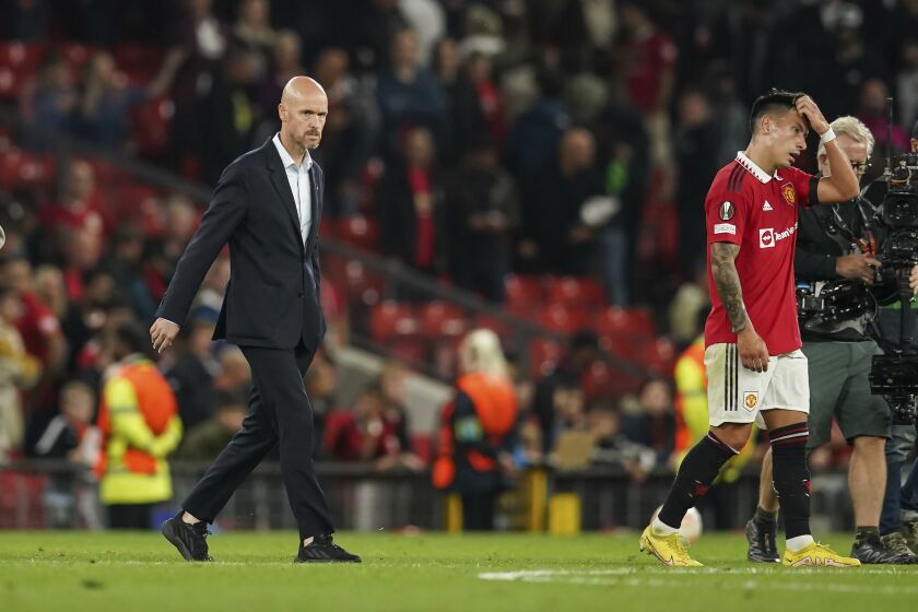 Manchester United manager Erik ten Hag at full time after defeat during group E Europa League soccer match between Manchester United and Real Sociedad at Old Trafford in Manchester, England, Thursday, Sept. 8, 2022. (AP Photo/Dave Thompson)