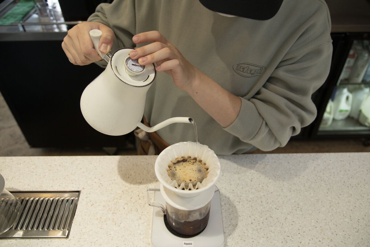 Water is poured over ground coffee at Kumquat Coffee Co.