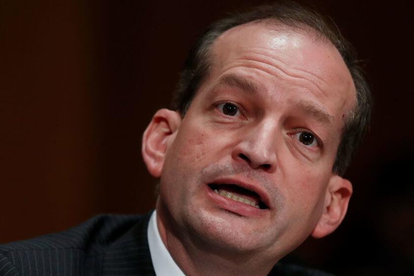 Labor secretary-designate Alex Acosta testifies on Capitol Hill in Washington, Wednesday, March 22, 2017, at his conformation before the Senate Health, Education, Labor and Pensions Committee. (AP Photo/Manuel Balce Ceneta)