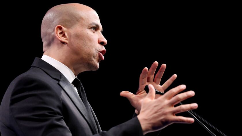 Sen. Cory Booker (D-N.J.), pictured in Los Angeles in March, introduced legislation in the Senate this month to study black reparations.