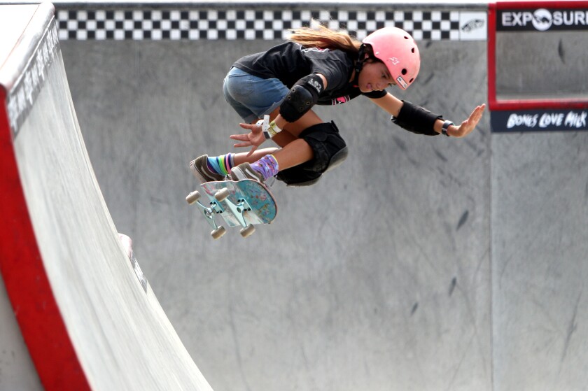London Mesa of Torrance at the Vans Off the Wall Skatepark in Huntington Beach.