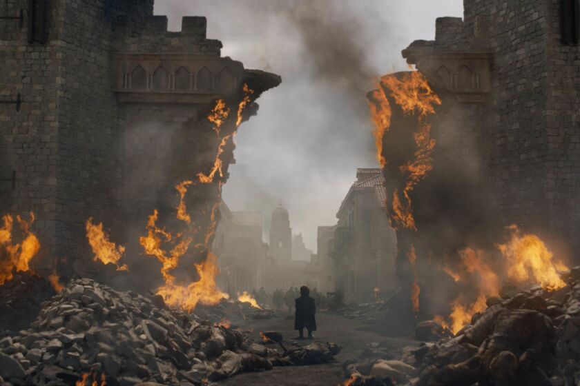 This image released by HBO shows Peter Dinklage in a scene from "Game of Thrones," that aired Sunday, May 12, 2019. Daenerys has reduced King's Landing to ashes in a dramatic, heart-stopping episode of Game of Thrones, but don't count the city out. Despite the horrifying death and destruction, the city is likely to rebound, over time, and will probably reclaim its glory as the wealthy capital of Westeros. (HBO via AP)