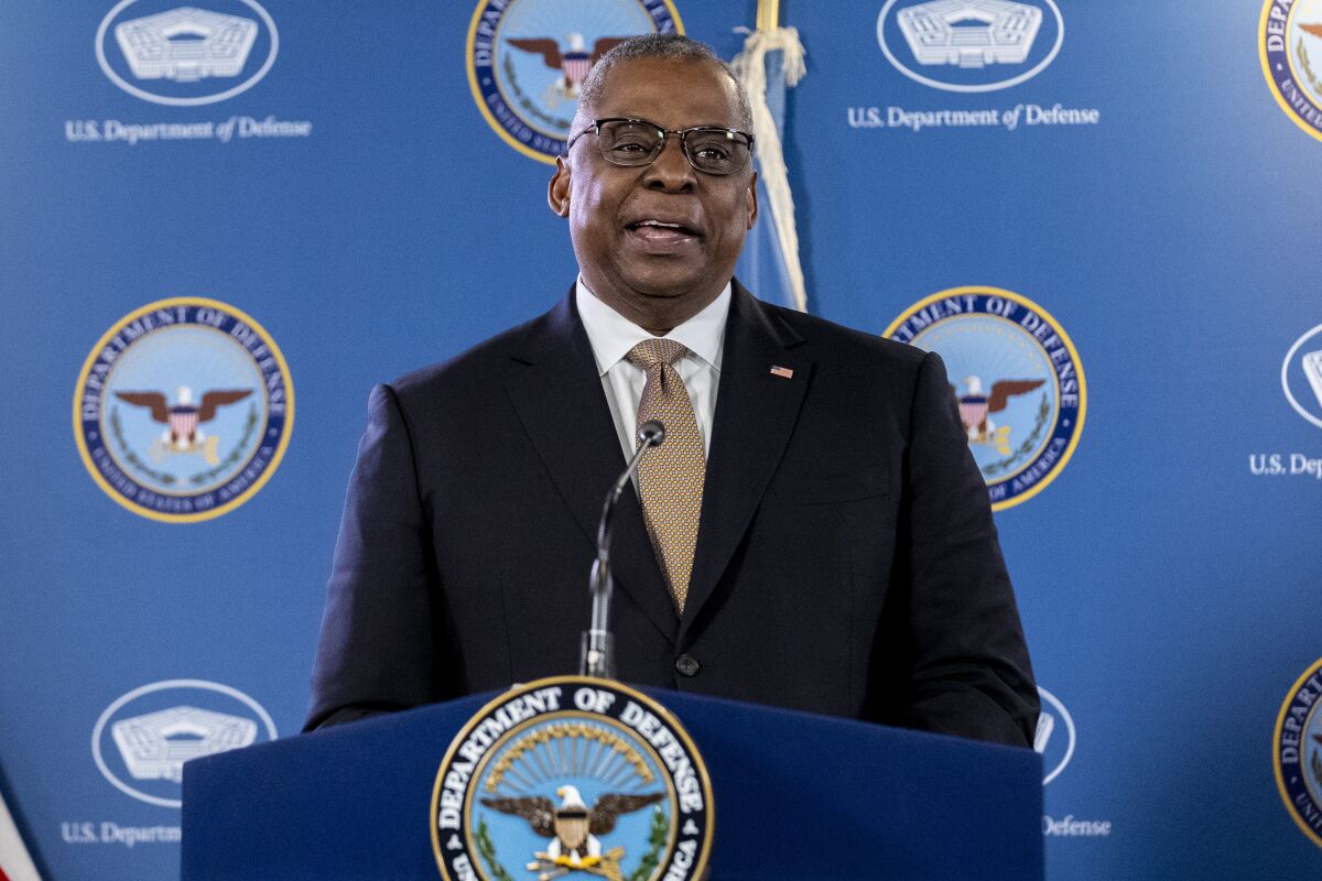 Secretary of Defense Lloyd Austin, speaks during a briefing with Chairman of the Joint Chiefs, Gen. Mark Milley