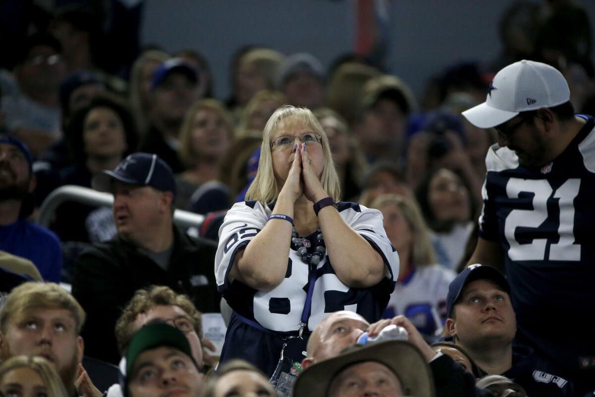 A Dallas Cowboys fan looks on in the second half against the Buffalo Bills in Arlington, Texas on Nov. 28.