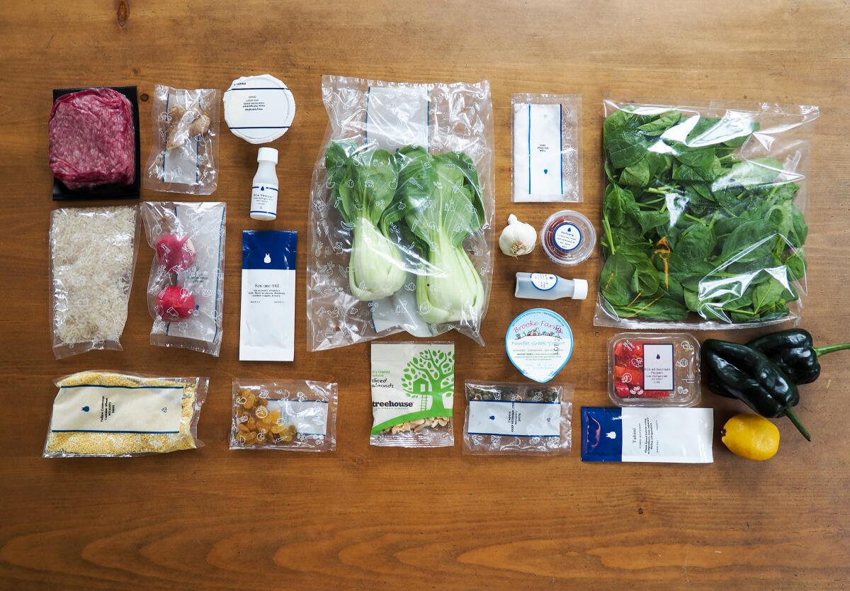 Jenn Harris recently kitchen-tested all the major meal kit delivery services. Here are all the prepackaged ingredients for Blue Apron's couscous-stuffed poblano peppers meal box. 