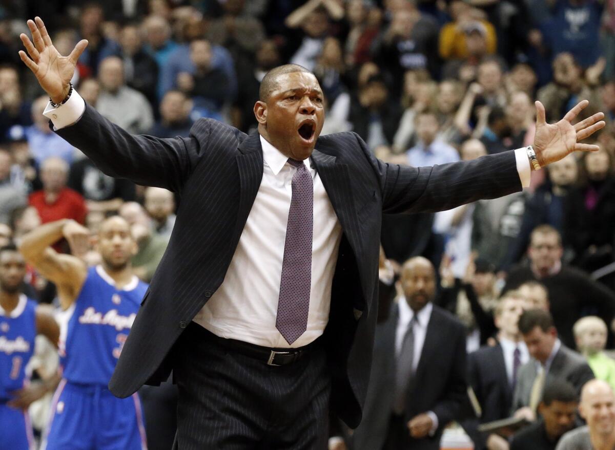 Clippers Coach Doc Rivers protests the ejection of J.J. Redick in the second half of the Clippers' 110-105 win.