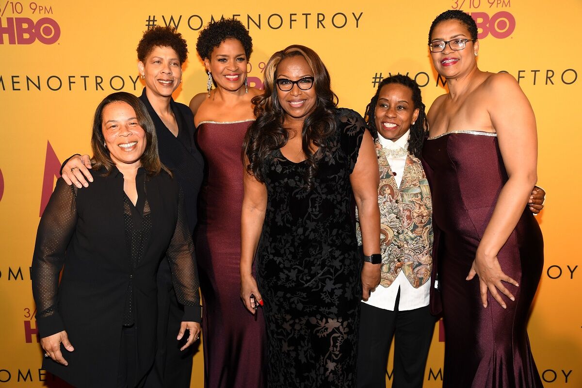 From left to right, Rhonda Windham, Cheryl Miller, Pam McGee, Cynthia Cooper, Juliette Robinson, and Paula McGee attend the premiere of "Women of Troy" at Ray Stark Family Theatre on the campus of USC on Feb. 26.