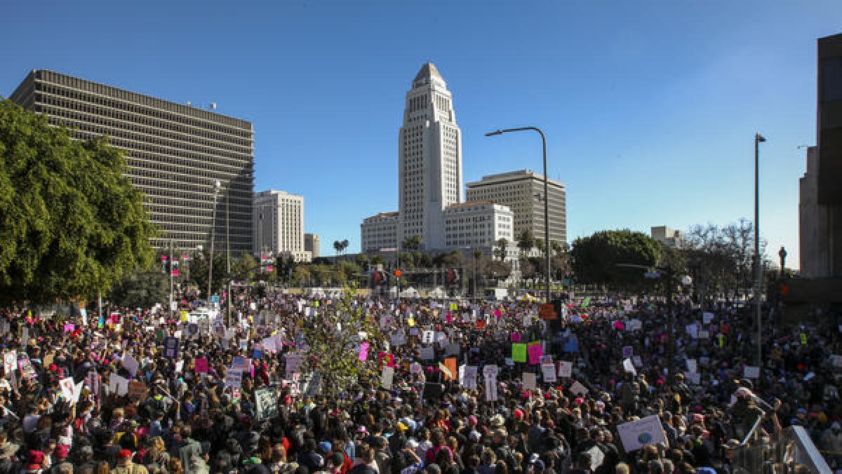 Saturday's Women's March Los Angeles, with an unobstructed, "radical flat" view of the crowd filling Grand Park and surrounding streets.