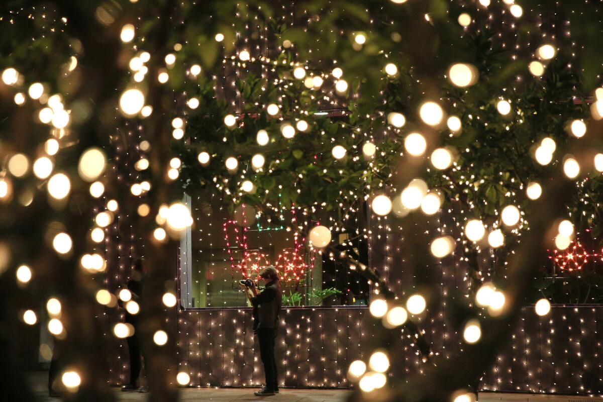 Sara Cervantes takes pictures of Christmas decorations at Pershing Square last month.