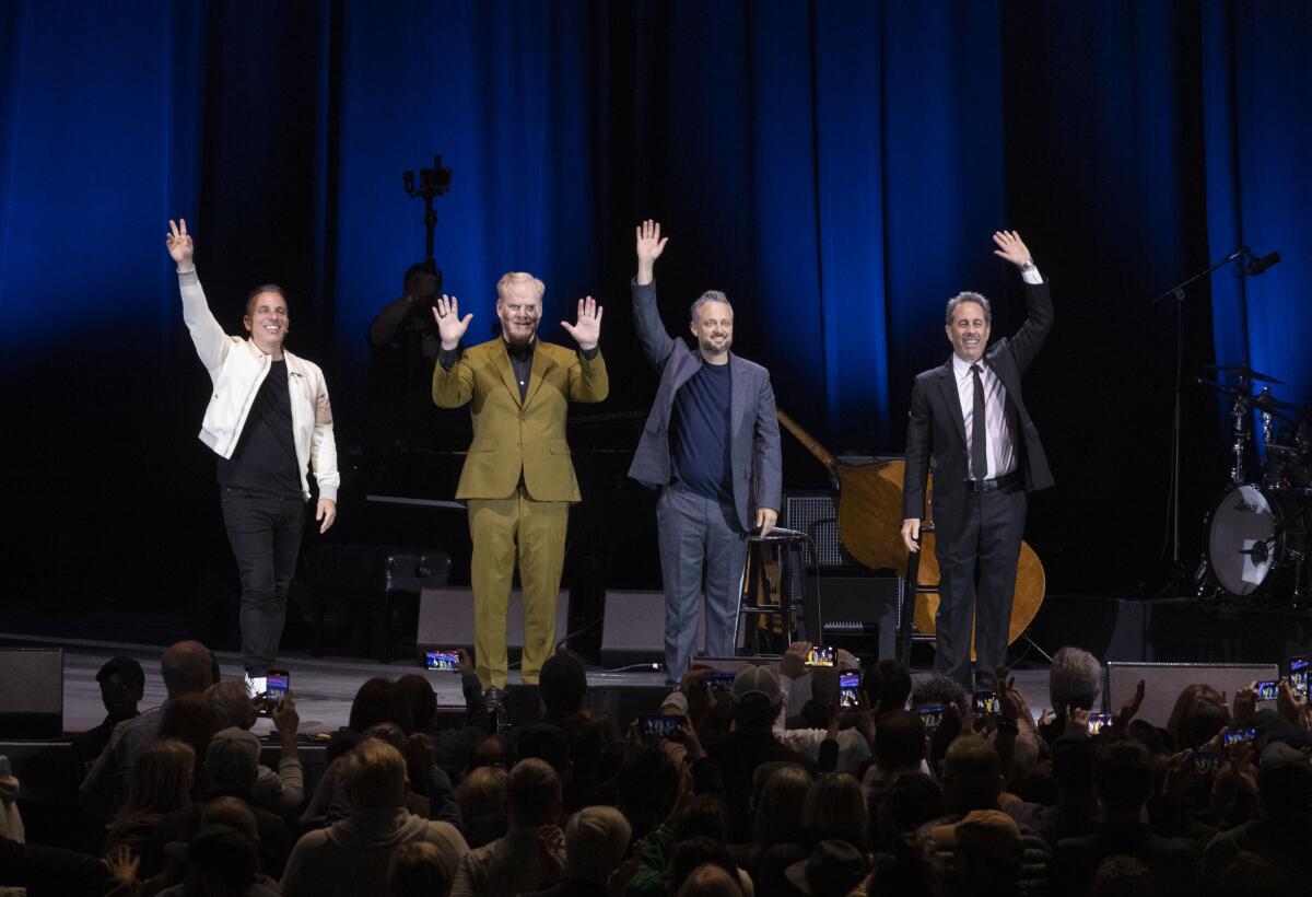 From left, Sebastian Maniscalco, Jim Gaffigan, Nate Bargatze and Jerry Seinfeld performing at the Hollywood Bowl.