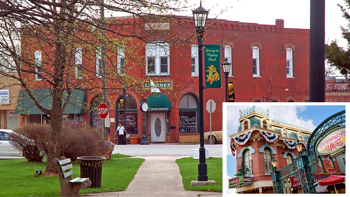 Disneyland's Coca Cola Building (inset) is modeled after the Marceline, Mo. Zurcher Building seen here.