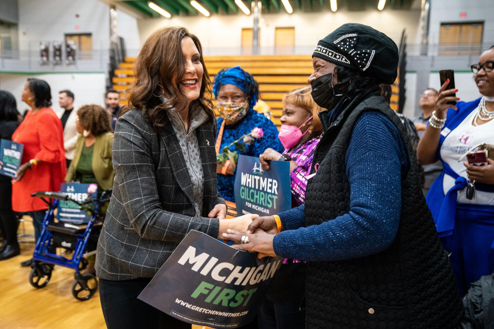 Michigan Gov. Gretchen Whitmer greets supporters.