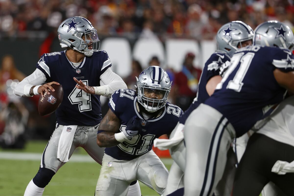 Dak Prescott of the Dallas Cowboys looks on against the San