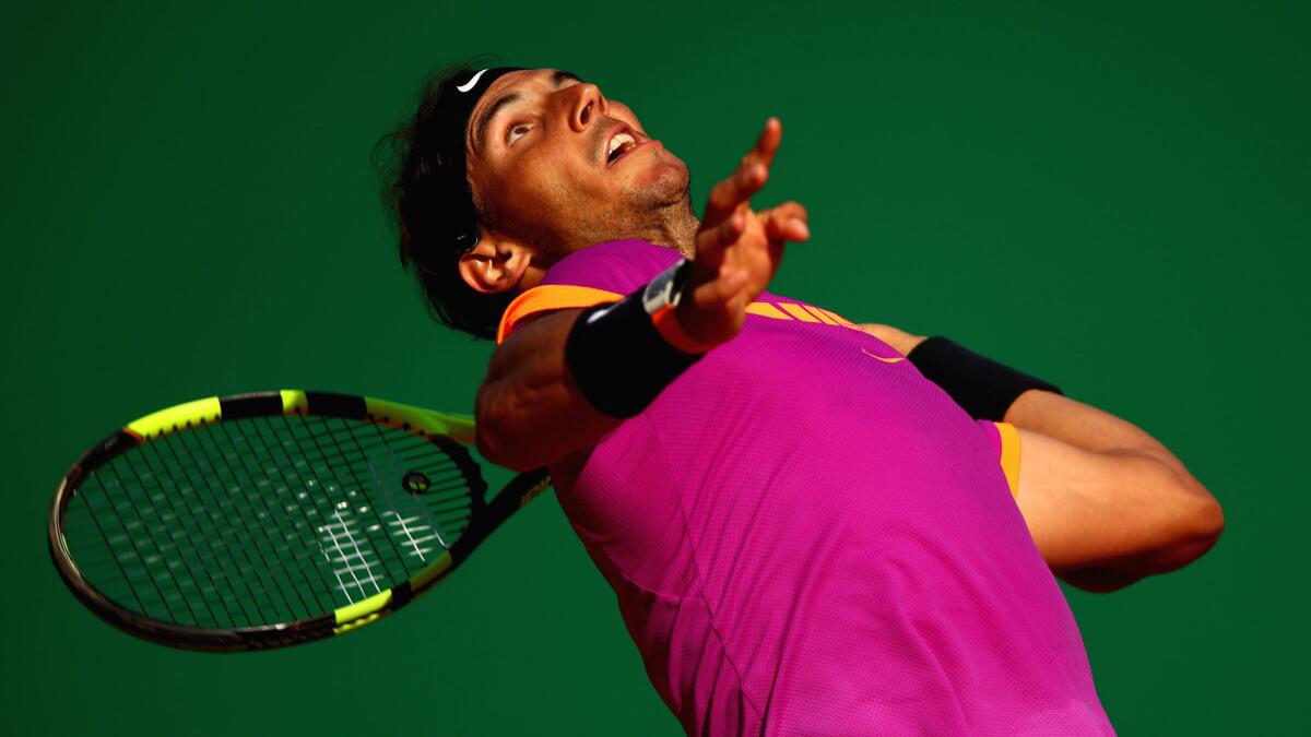 Rafael Nadal unleashes a serve against David Goffin during their semifinal of the Monte Carlo Masters on Saturday.
